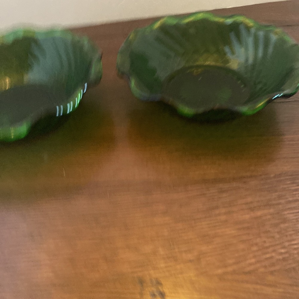 Vintage Anchor Hocking Emerald Forest Green Glass Diamond Swirl Bowl Ruffle Set2